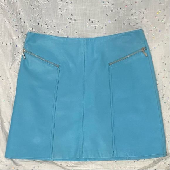 Cache Dresses & Skirts - CACHE Y2K Baby Blue Genuine Leather Mini Pencil Skirt Size 8 (see measurements)